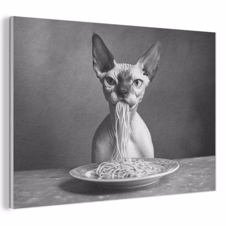 Akoestisch schilderij - Sphynx - Kat - Dieren - Humor - Spaghetti - Zwart Wit — 1