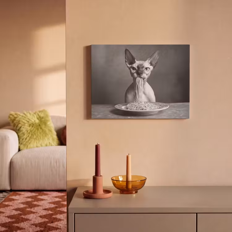Akoestisch schilderij - Sphynx - Kat - Dieren - Humor - Spaghetti - Zwart Wit — 2
