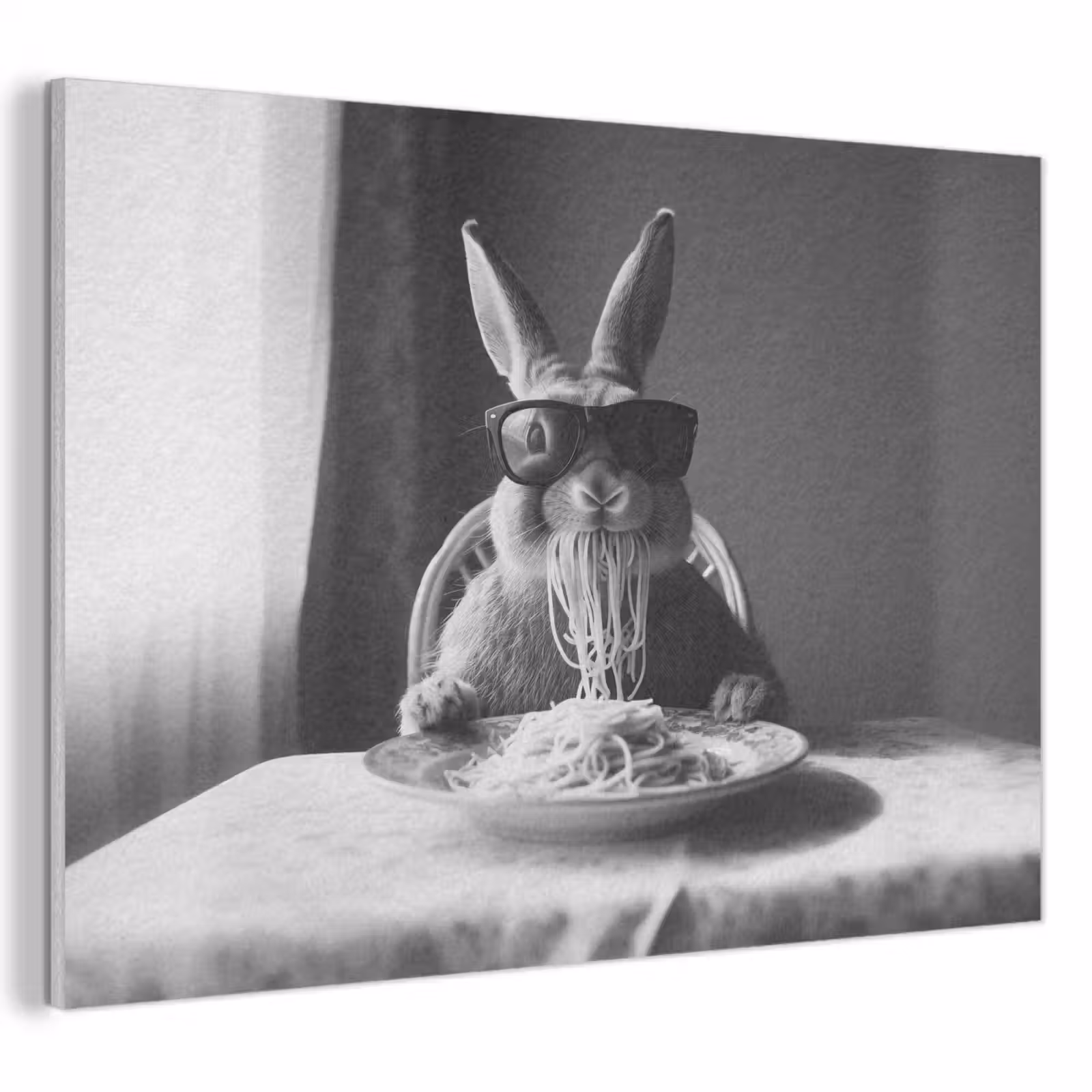 Akoestisch schilderij - Konijn - Bunny - Zonnebril - Tafelkleed - Pasta - Schattig — 1