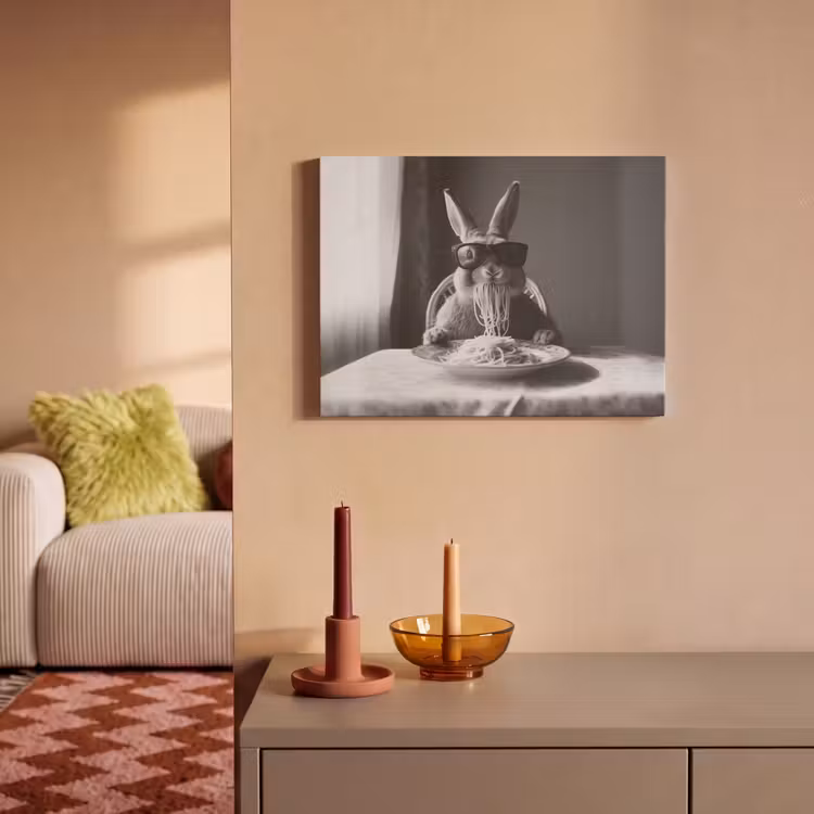 Akoestisch schilderij - Konijn - Bunny - Zonnebril - Tafelkleed - Pasta - Schattig — 2