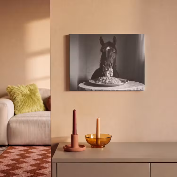 Akoestisch schilderij - Paard - Bord - Pasta - Tafelkleed - Zwart Wit - Dieren — 2