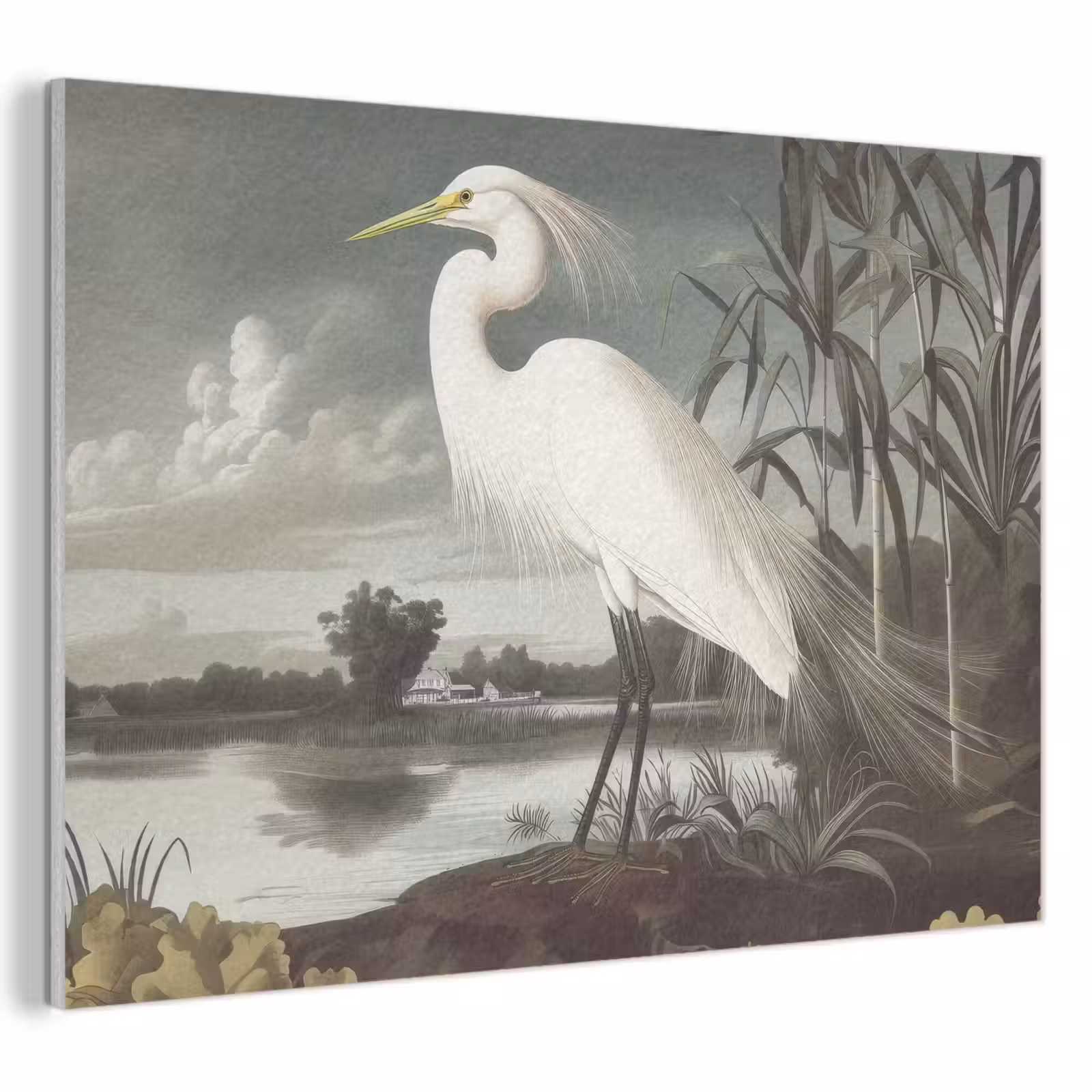 Akoestisch schilderij - Reiger - Planten - Wolken - Wit — 1