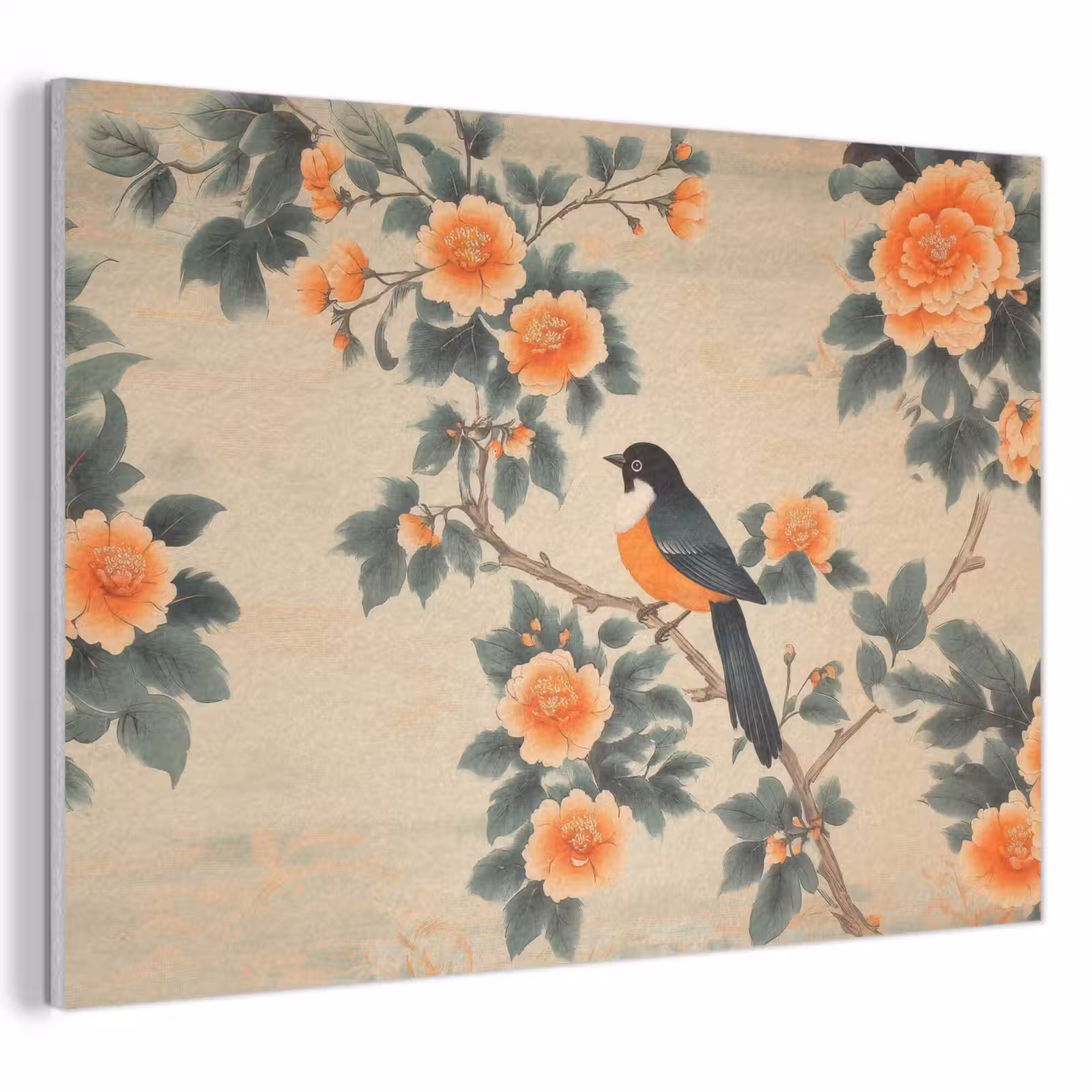Akoestisch schilderij - Vogel - Tak - Bloemen - Oranje — 1