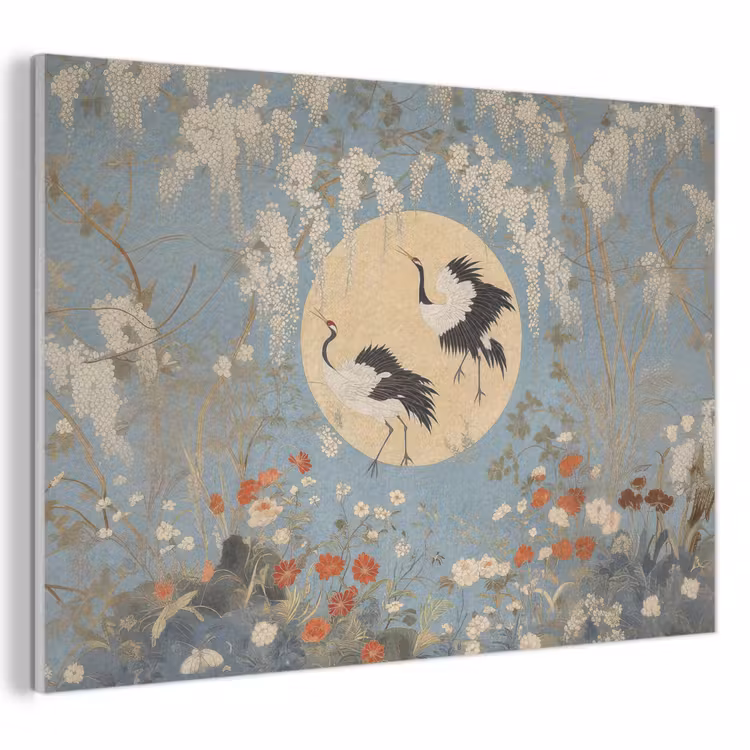 Akoestisch schilderij - Kraanvogels - Maan - Bloemen - Blauw — 1