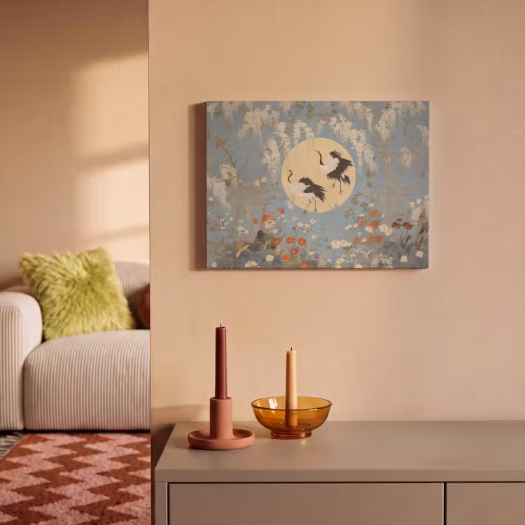 Akoestisch schilderij - Kraanvogels - Maan - Bloemen - Blauw — 2