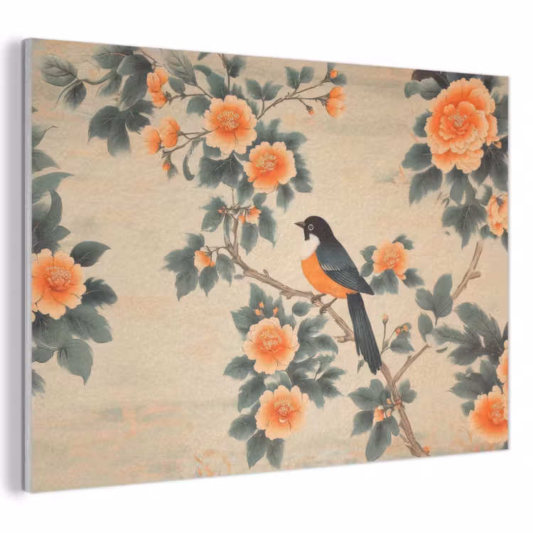 Akoestisch schilderij - Vogel - Tak - Bloemen - Oranje — 1