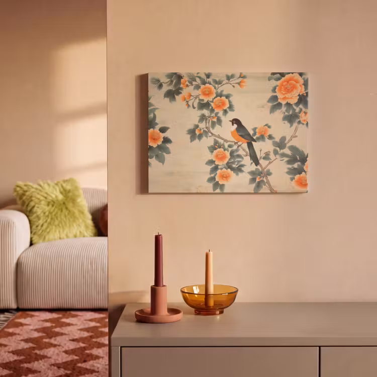 Akoestisch schilderij - Vogel - Tak - Bloemen - Oranje — 2