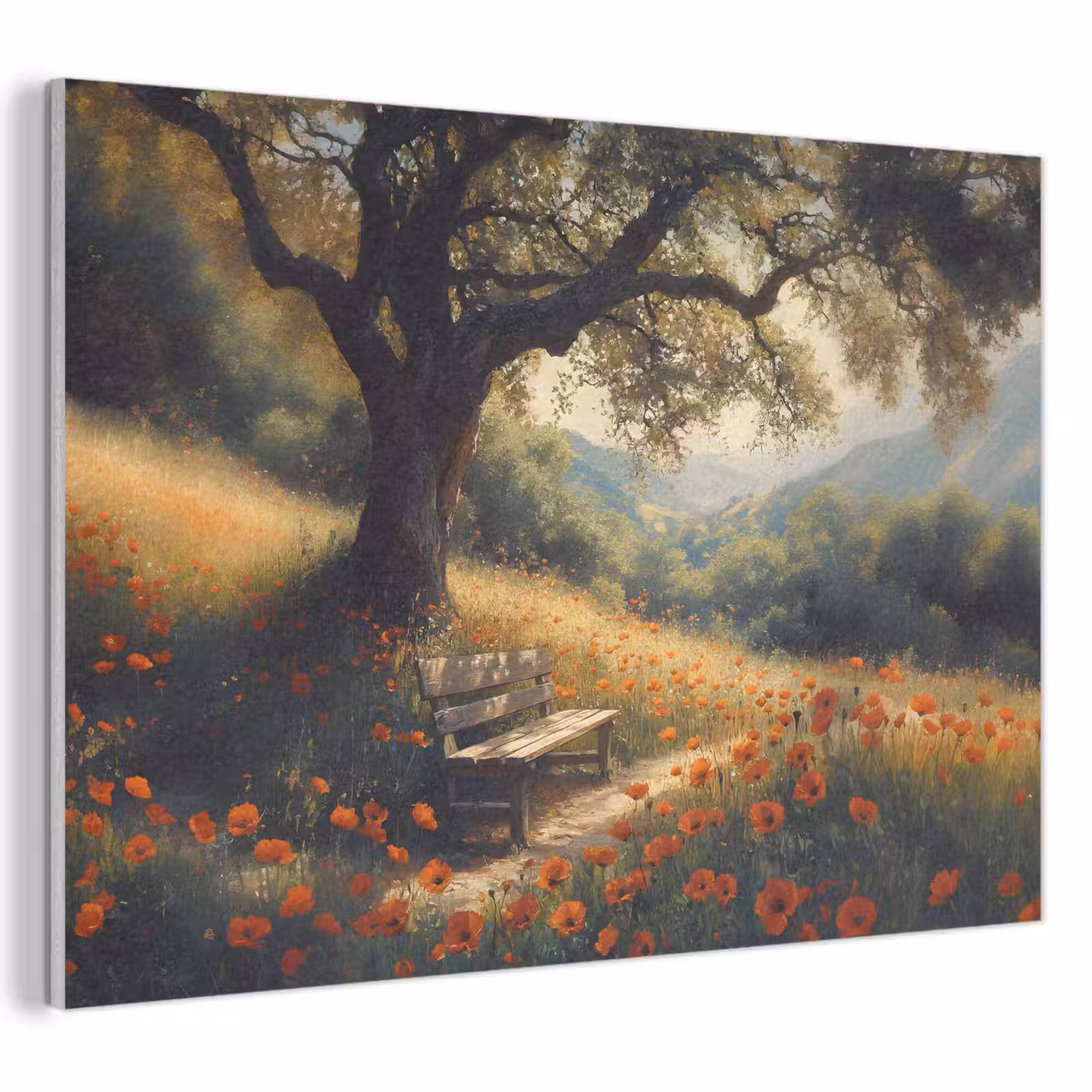 Akoestisch schilderij - Bankje - Boom - Klaprozen - Heuvels — 1
