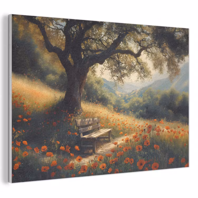 Akoestisch schilderij - Bankje - Boom - Klaprozen - Heuvels — 1