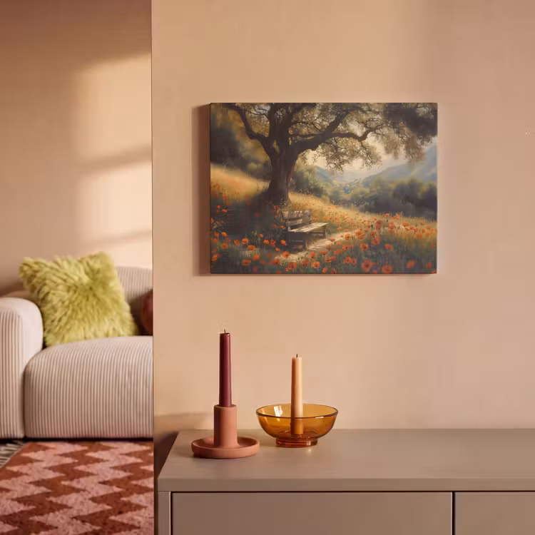Akoestisch schilderij - Bankje - Boom - Klaprozen - Heuvels — 2