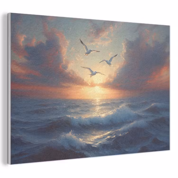 Akoestisch schilderij - Meeuwen - Zonsondergang - Zee - Wolken — 1