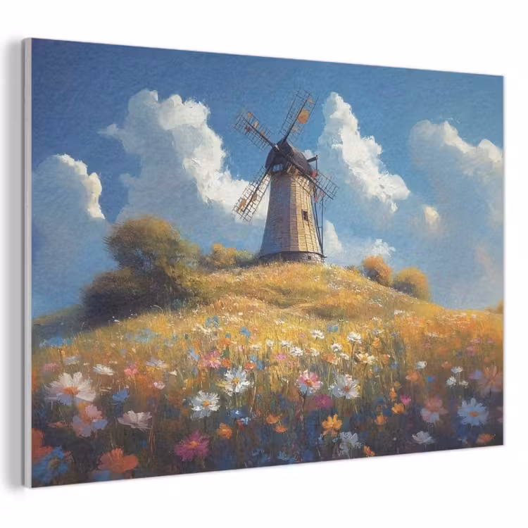 Akoestisch schilderij - Windmolen - Heuvel - Bloemen - Kleurrijk — 1