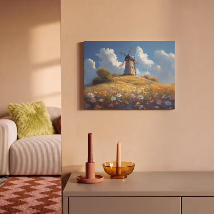 Akoestisch schilderij - Windmolen - Heuvel - Bloemen - Kleurrijk — 2