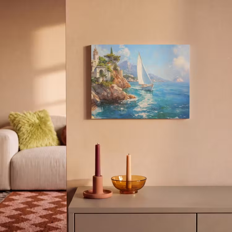 Akoestisch schilderij - Zeilboot - Rotsen - Kust - Huizen — 2