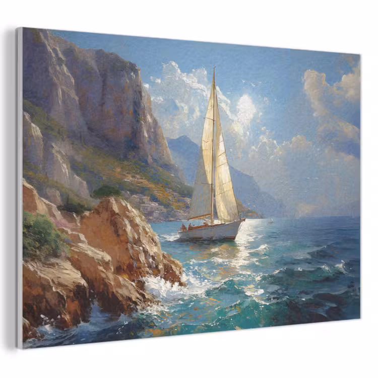 Akoestisch schilderij - Zeilschip - Zee - Rotsen - Wolken — 1