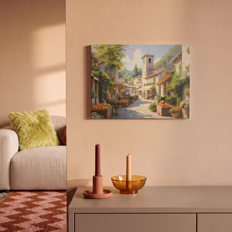 Akoestisch schilderij - Dorp - Zon - Kraampjes - Huizen — 2