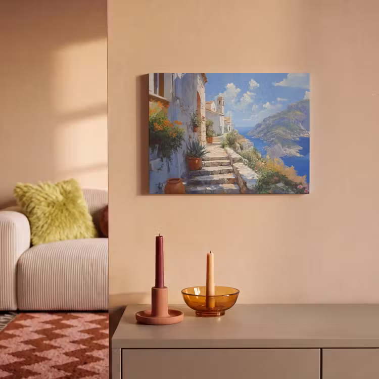 Akoestisch schilderij - Trap - Huizen - Berglandschap - Zee — 2