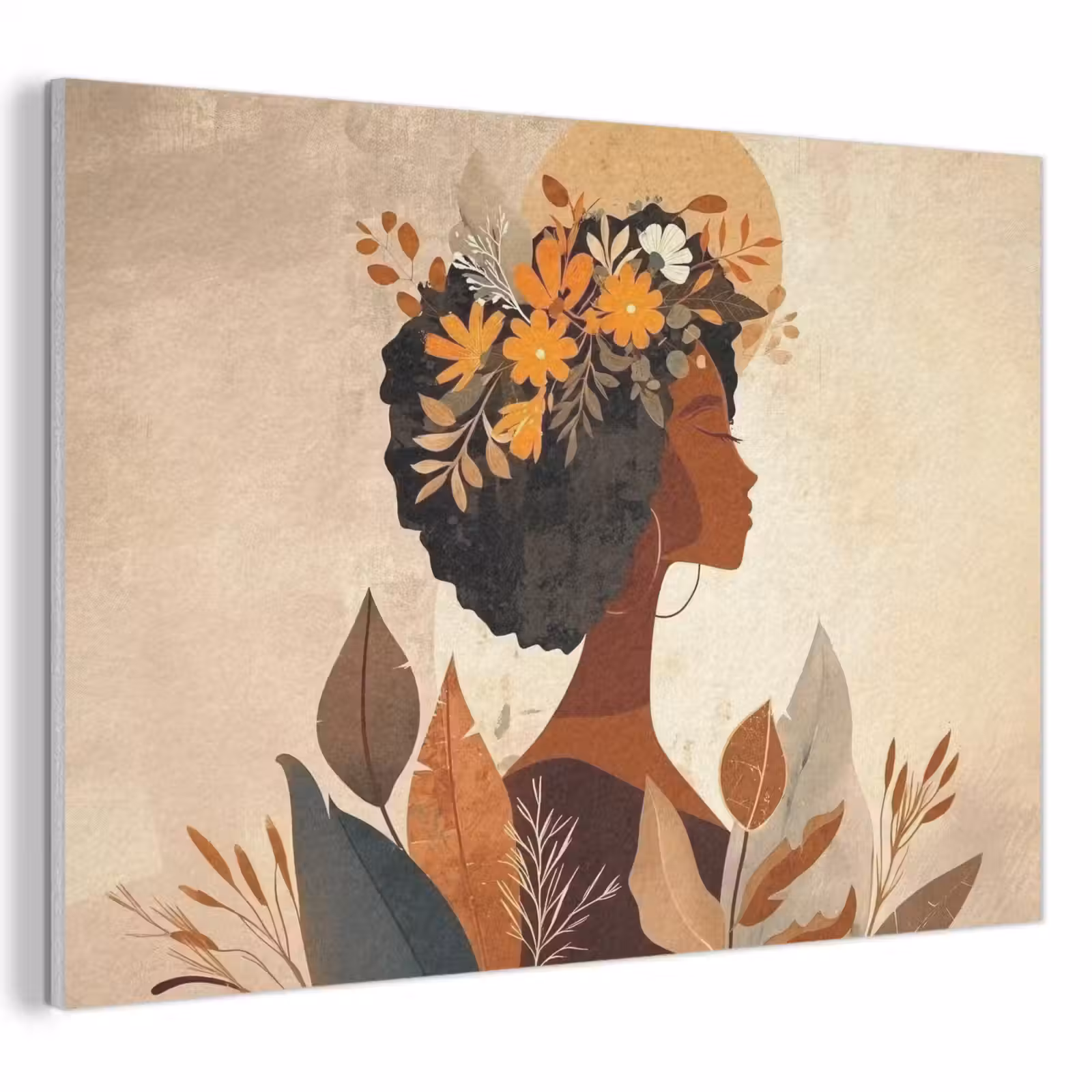 Akoestisch schilderij - Vrouw - Krullen - Bloemen - Beige — 1