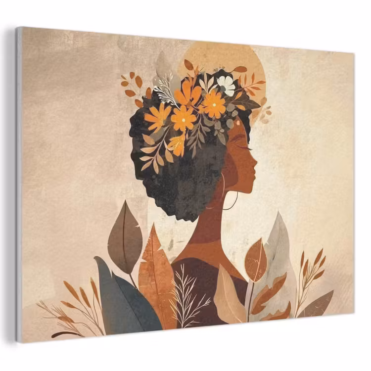 Akoestisch schilderij - Vrouw - Krullen - Bloemen - Beige — 1
