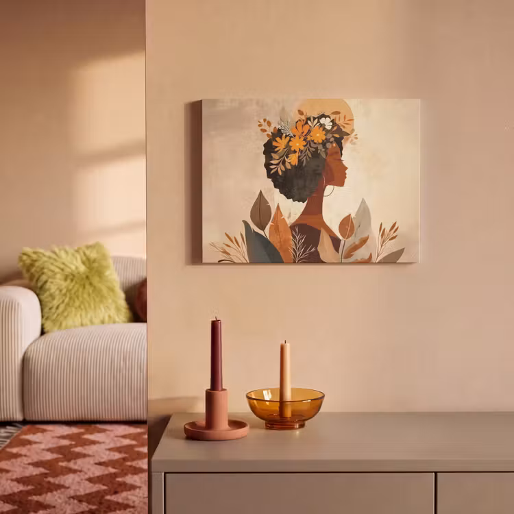 Akoestisch schilderij - Vrouw - Krullen - Bloemen - Beige — 2