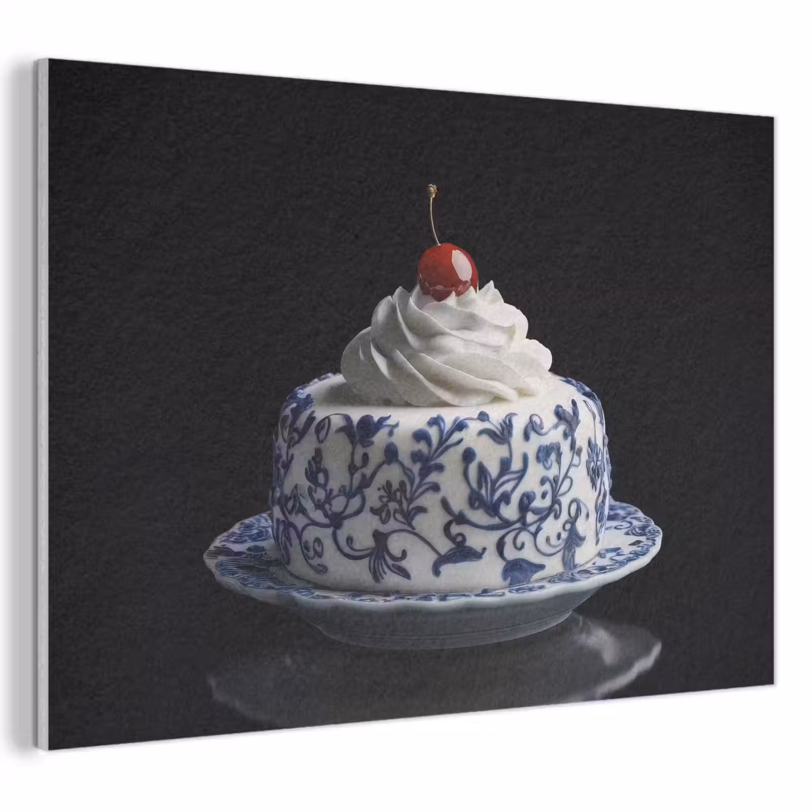 Akoestisch schilderij - Taart - Slagroom - Kers - Bord - Delfts blauw — 1