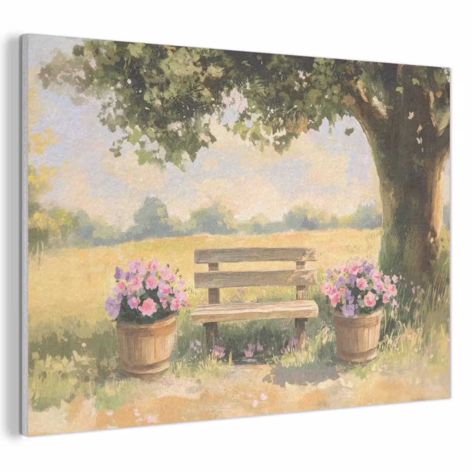 Akoestisch schilderij - Houten bankje - Bloempotten - Landschap — 1