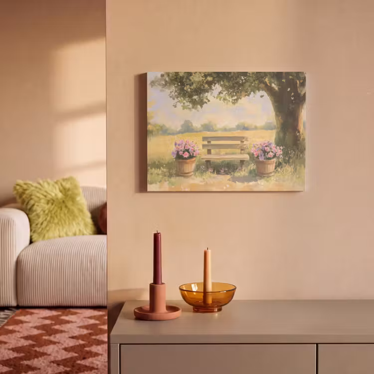 Akoestisch schilderij - Houten bankje - Bloempotten - Landschap — 2