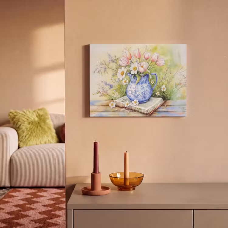 Akoestisch schilderij - Vaas - Delftsblauw - Madeliefjes — 2