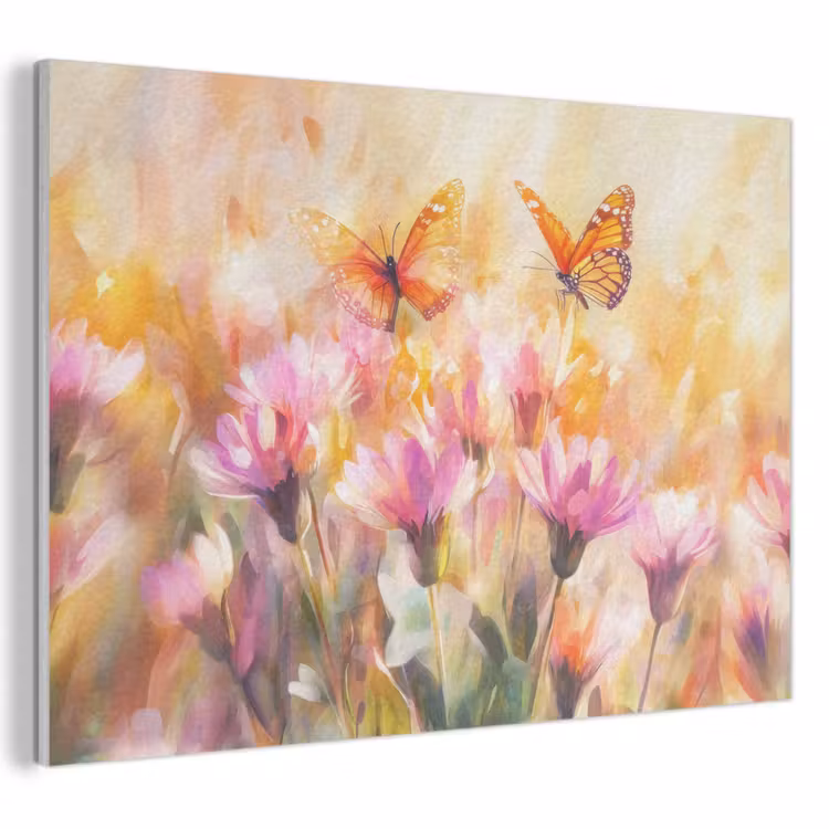 Akoestisch schilderij - Vlinders - Oranje - Bloemen — 1