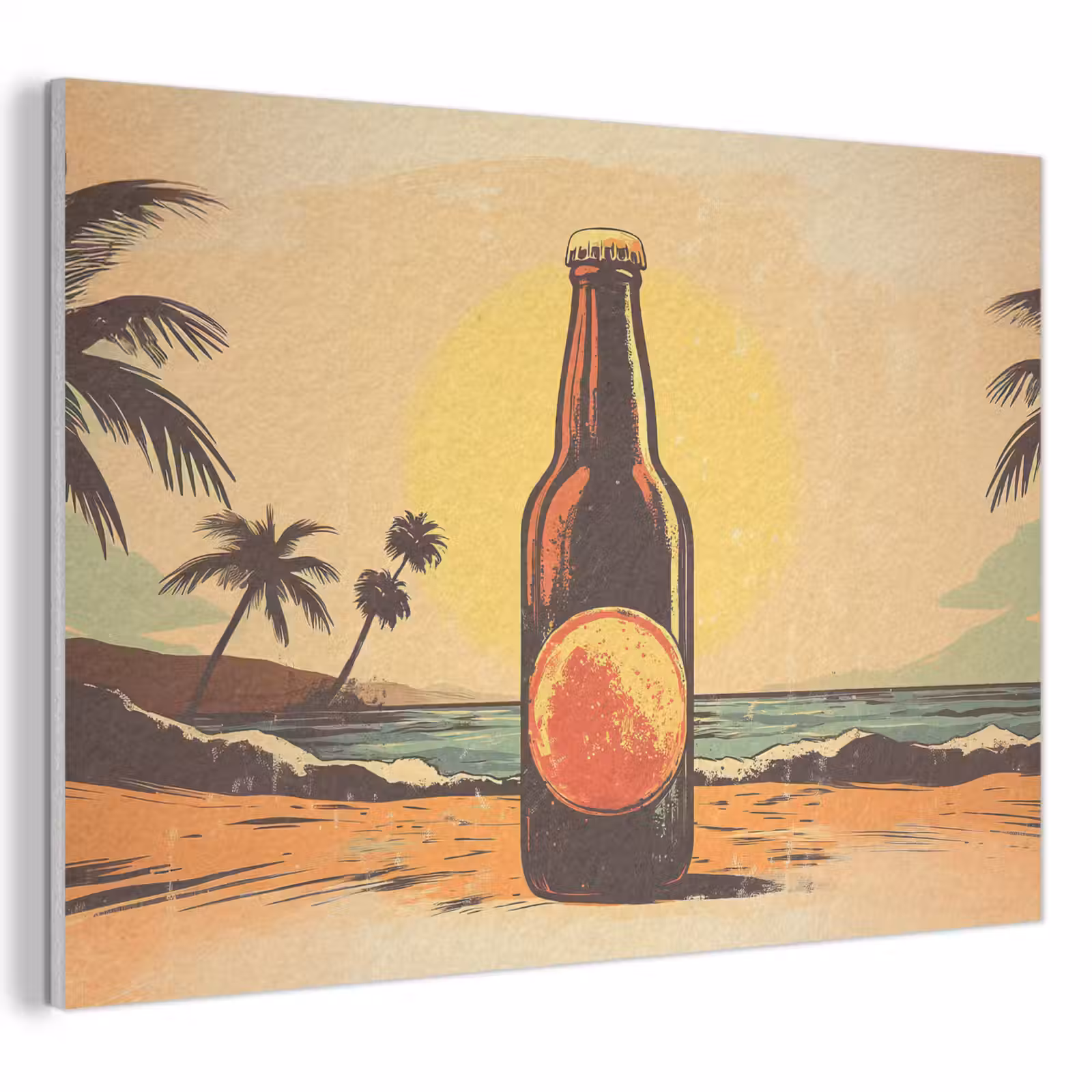 Akoestisch schilderij - Bierfles - Zonsondergang - Palmbomen - Zee — 1