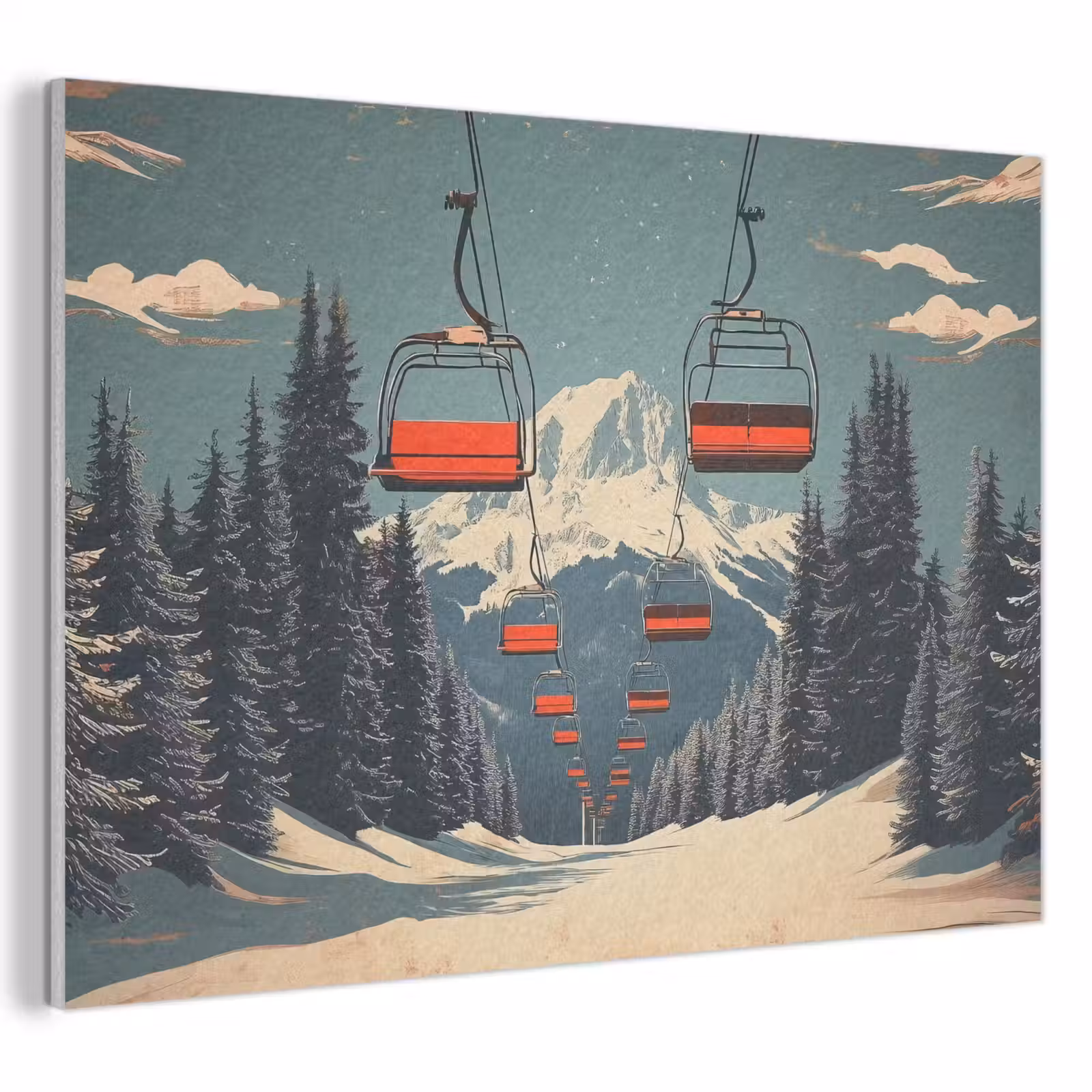 Akoestisch schilderij - Sneeuw - Skilift - Rood - Bomen — 1