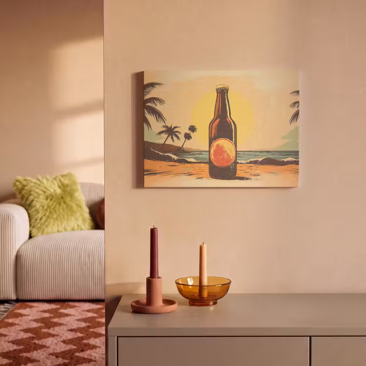 Akoestisch schilderij - Bierfles - Zonsondergang - Palmbomen - Zee — 2