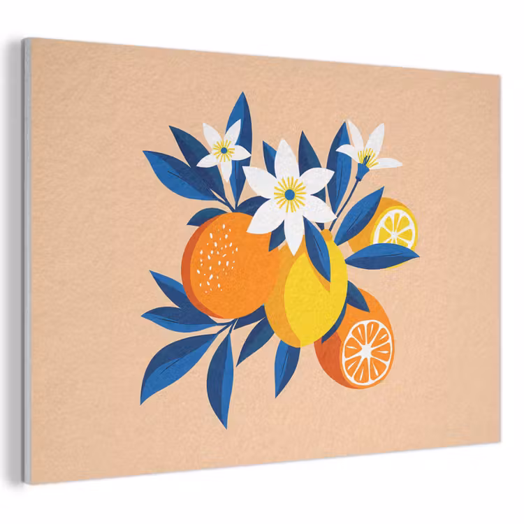 Akoestisch schilderij - Illustratie - Sinaasappels - Donkerblauw - Bloemen — 1