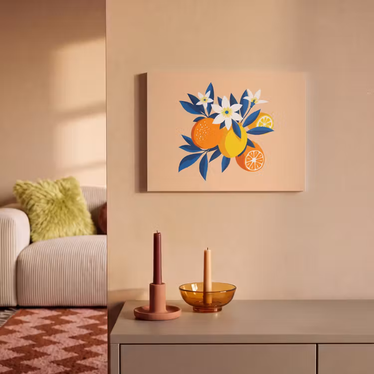 Akoestisch schilderij - Illustratie - Sinaasappels - Donkerblauw - Bloemen — 2