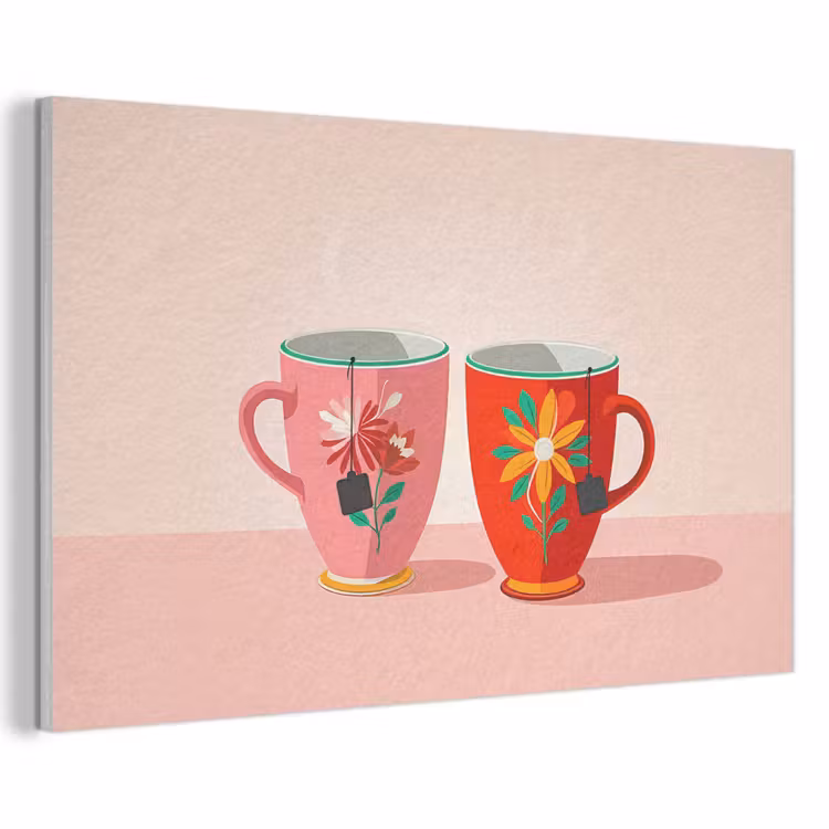 Akoestisch schilderij - Theekopjes - Bloemmotieven - Roze - Theezakjes — 1