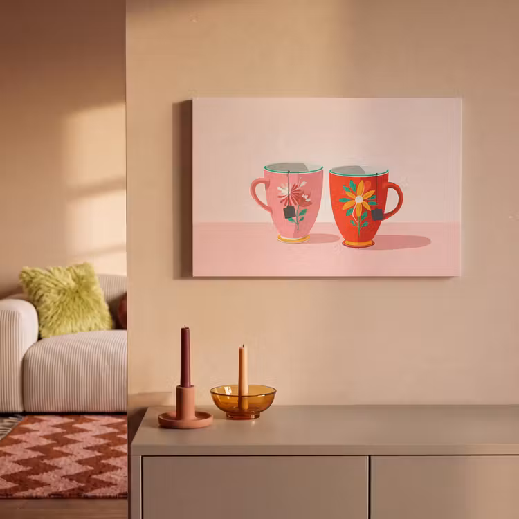 Akoestisch schilderij - Theekopjes - Bloemmotieven - Roze - Theezakjes — 2