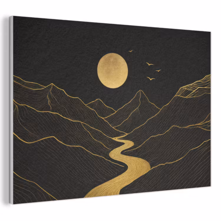 Akoestisch schilderij - Rivier - Goud - Maan - Vogels — 1