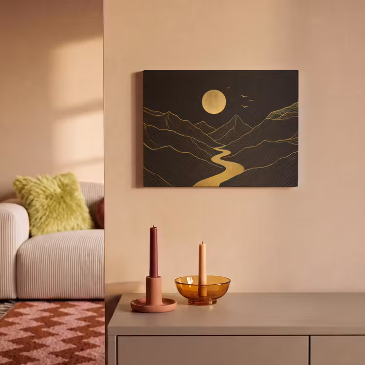 Akoestisch schilderij - Rivier - Goud - Maan - Vogels — 2