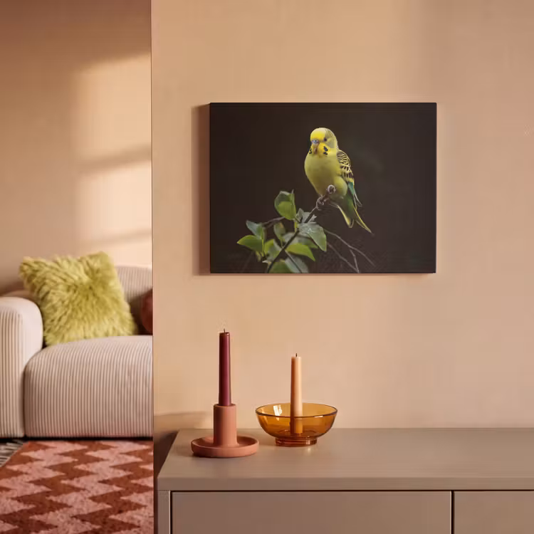 Akoestisch schilderij - Parkiet - Tak - Bladeren - Geel — 2