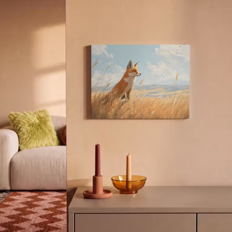 Akoestisch schilderij - Vos - Gras - Wolken - Oranje — 2