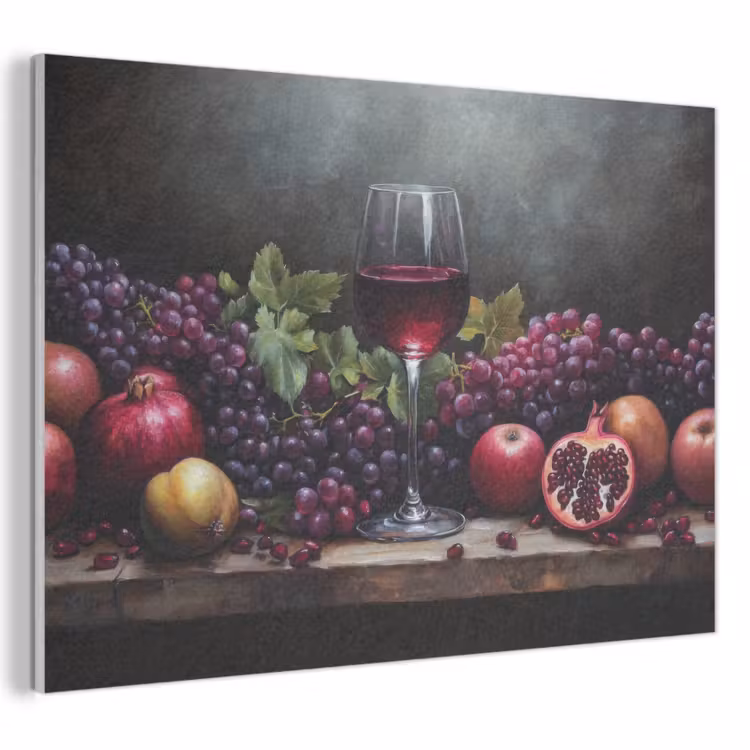 Akoestisch schilderij - Stilleven Rode Wijn Granaatappels Druiven