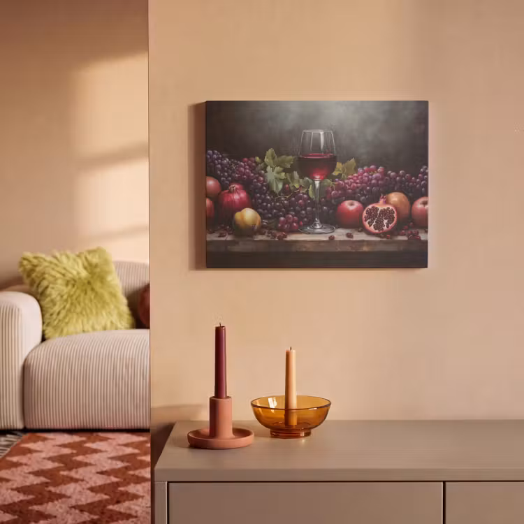 Akoestisch schilderij - Stilleven Rode Wijn Granaatappels Druiven — 2