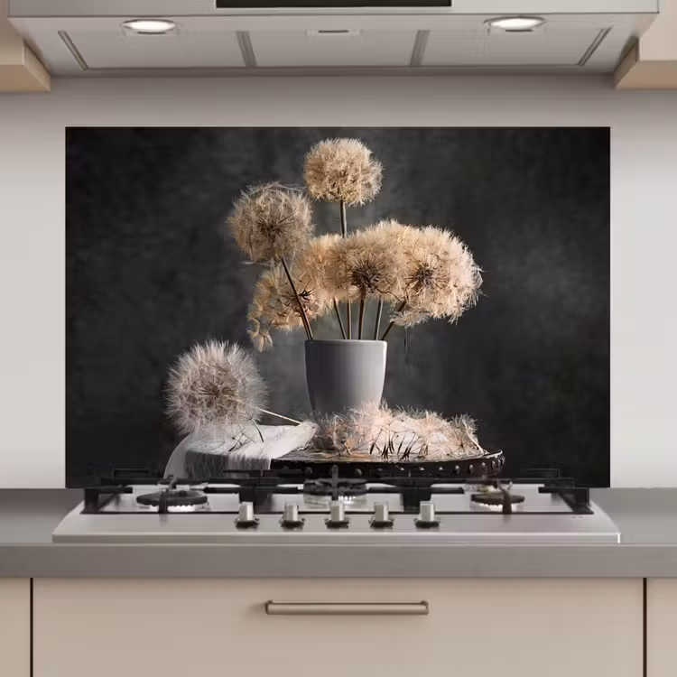 Spatscherm keuken - Bloemzaden - Paardenbloem- Vaas - Stilleven - Boeket — 1