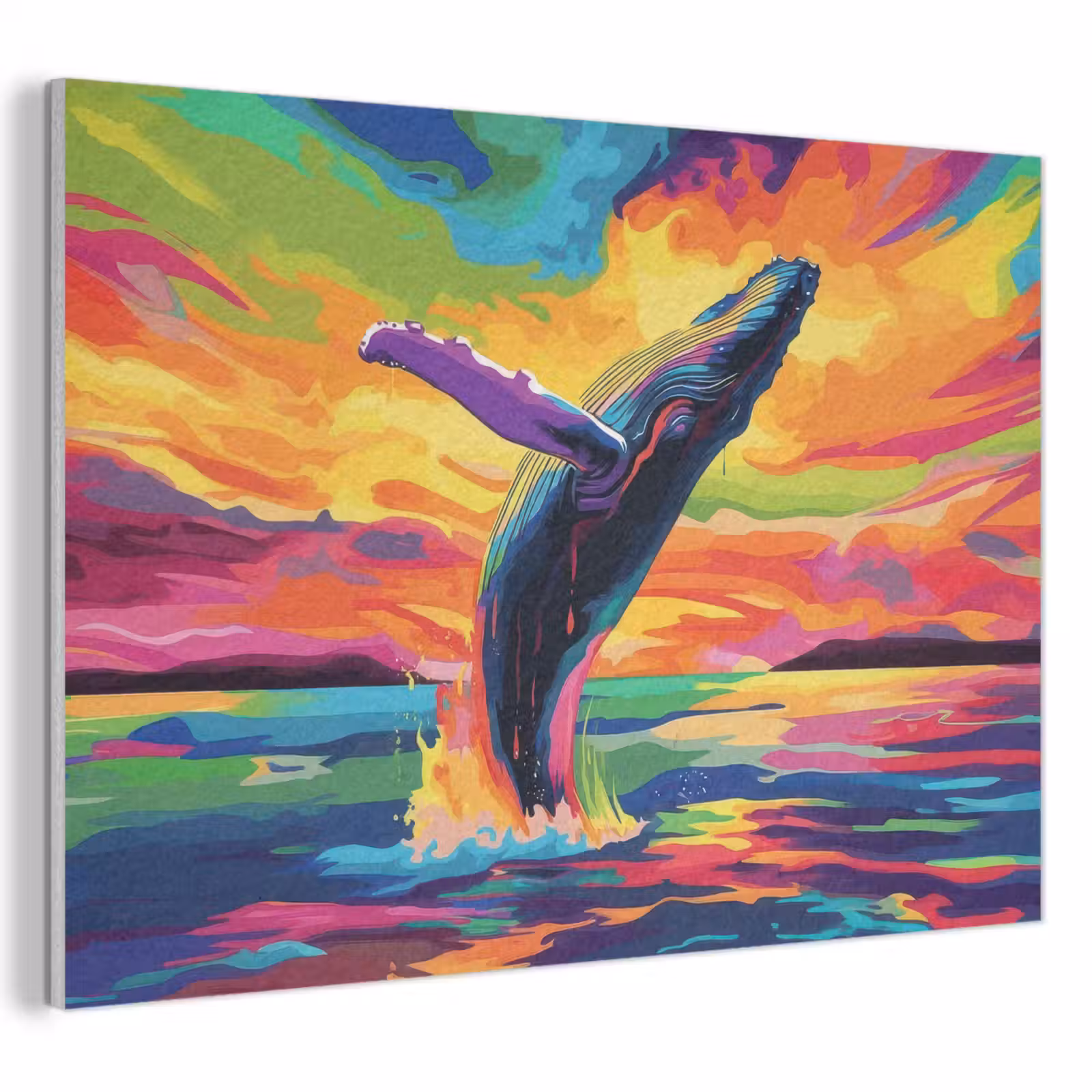 Akoestisch schilderij - Zonsondergang - Walvis - Geschilderd - Kleurrijk — 1