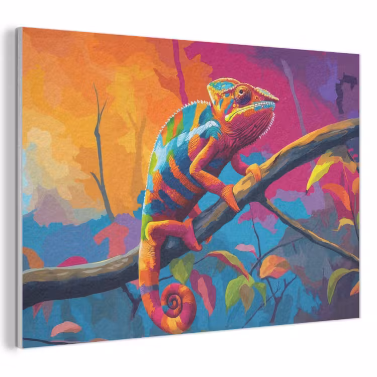 Akoestisch schilderij - Kameleon - Tak - Gestreept - Bladeren — 1