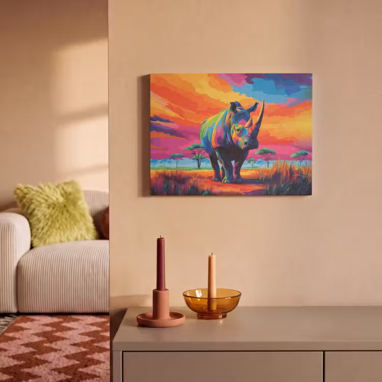 Akoestisch schilderij - Neushoorn - Zonsondergang - Savanna - Kleurrijk — 2