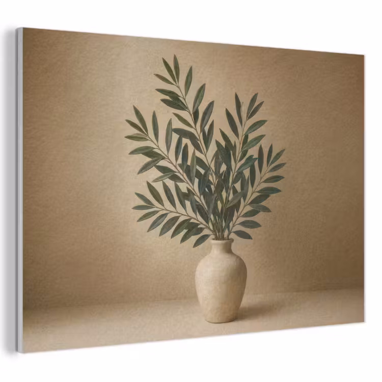 Akoestisch schilderij - Vaas - Olijftakken - Bladeren - Beige — 1