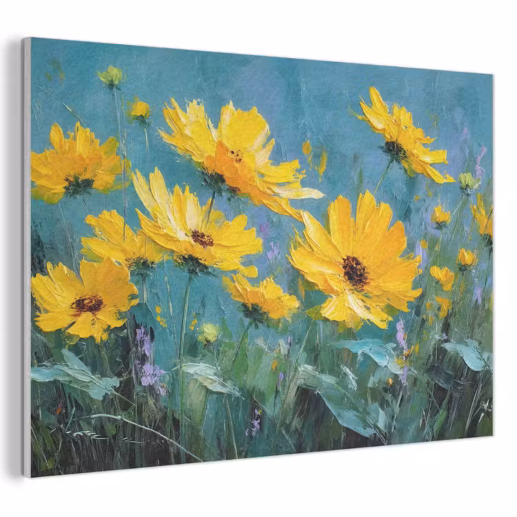 Akoestisch schilderij - Penseelstreken - Bloemen - Felgeel - Abstract — 1