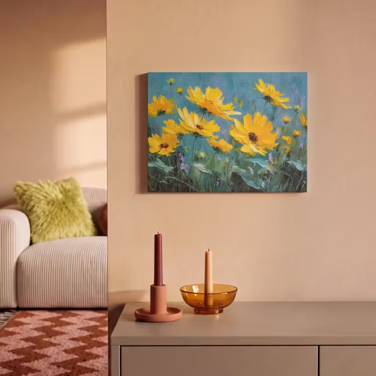 Akoestisch schilderij - Penseelstreken - Bloemen - Felgeel - Abstract — 2