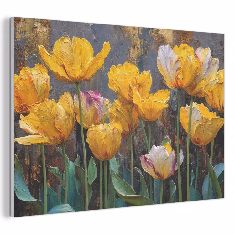 Akoestisch schilderij - Tulpen - Geel - Penseelstreken - Abstract — 1